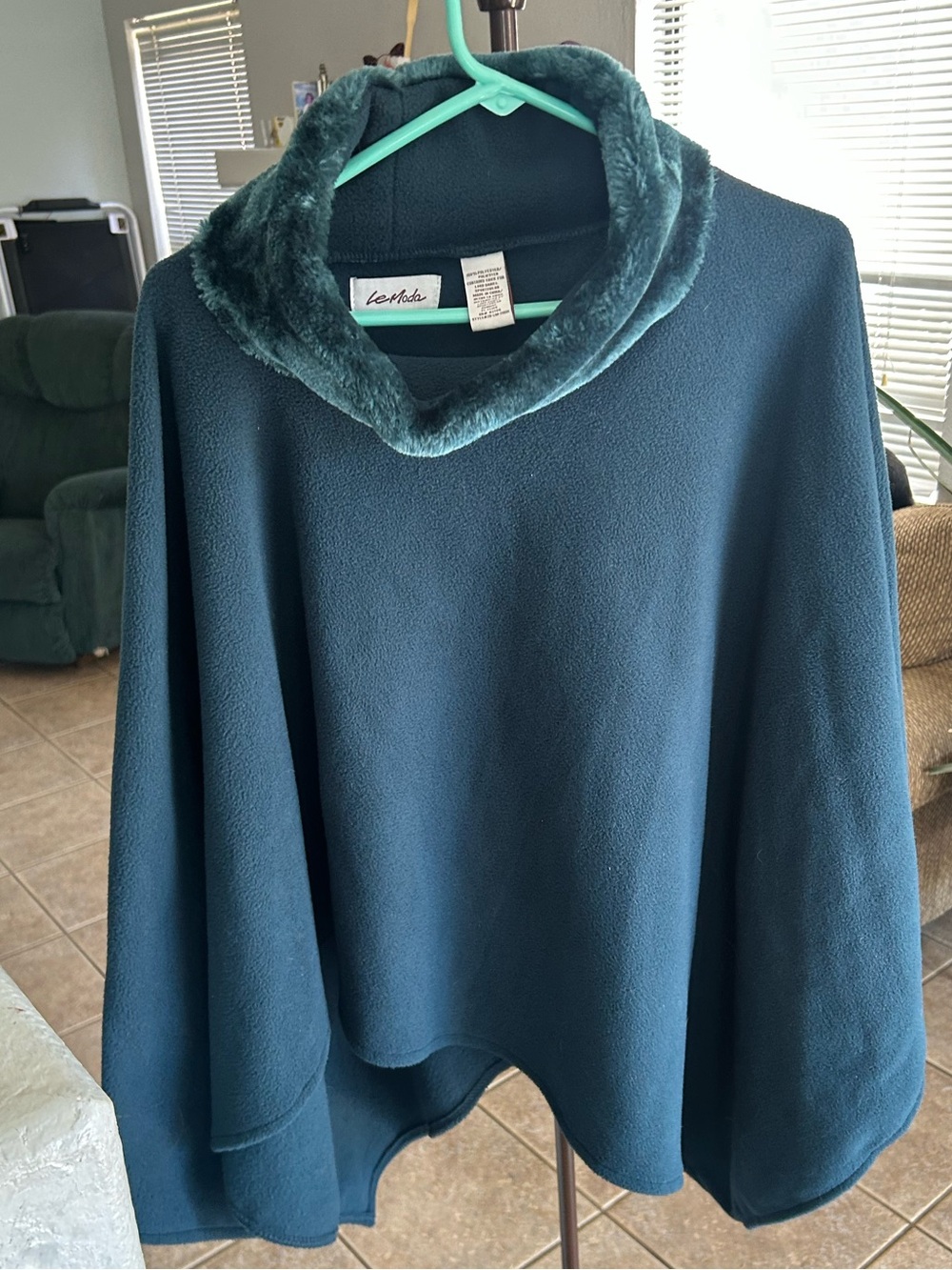 Moda Teal Plush Collar Poncho Sweater